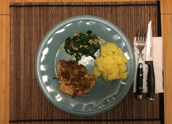 Pork Scallopine with Caramelized Onions and Mushrooms, Saute Spinach and Mashed Potatoes